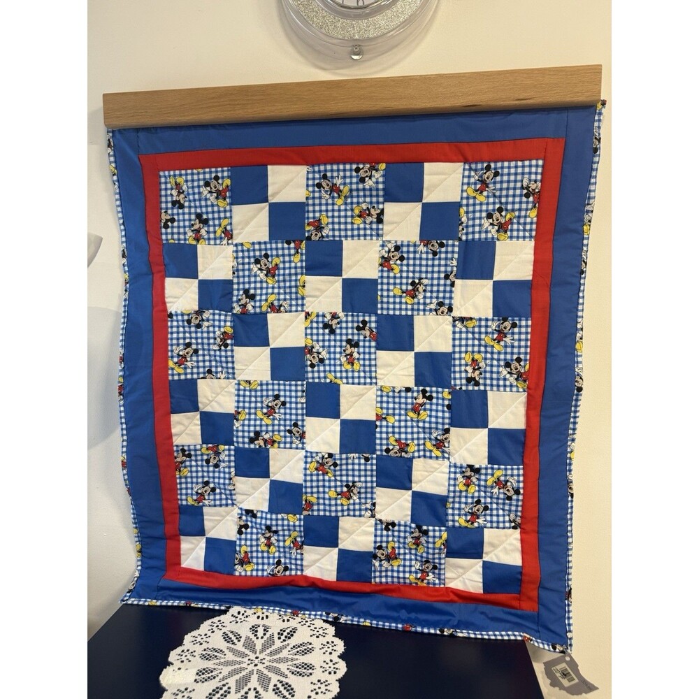 Handmade Baby Crib Quilt, Mickey Mouse Prints, 35" X 40"